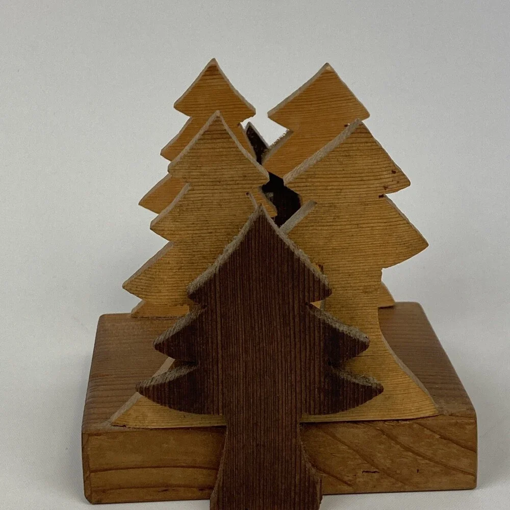 VTG XMAS Pine Tree Wood Folk Art Carved Mail Bills Napkin Holder Kitchen Table